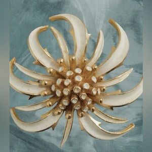 Vintage Flower Brooch Ivory Enamel and Gold Signed ART